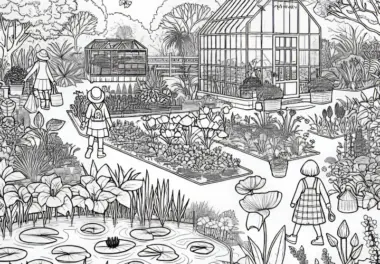Sommerlicher Botanischer Garten: Kostenloses Ausmalbild zum Download