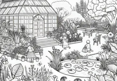 Botanischer Garten im Sommer: Malvorlage gratis zum Herunterladen