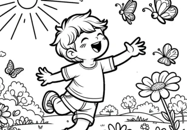 Fröhlicher Junge auf Blumenwiese im Sommer: Ausmalbild zum Download (Gratis)