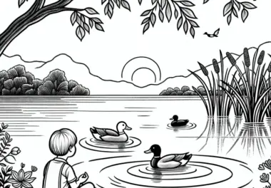 Kind am Teich mit Enten: Ausmalbild (Kostenlos)