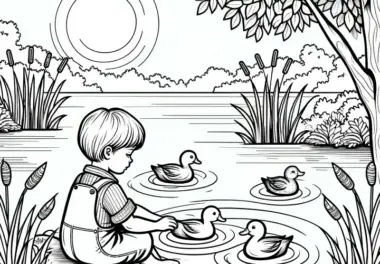 Kind am Teich mit vier süßen Enten: Malvorlage zum Download (Gratis)