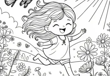 Fröhliches Mädchen rennt über Blumenwiese: Ausmalbild zum Herunterladen (Gratis)