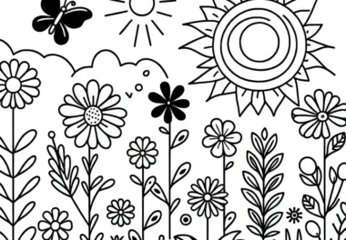 Sommerliche Blumenwiese mit Schmetterling: Malvorlage gratis zum Download