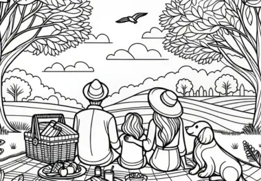 Familie beim Picknick im Park: Malvorlage zum Herunterladen (Gratis)