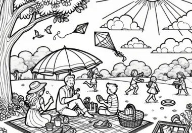 Familie beim Picknick im Park bei Sonnenschein: Malvorlage kostenlos