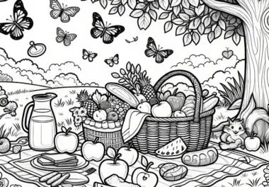 Picknick im Park im Sommer: Ausmalbild zum Download (Gratis)