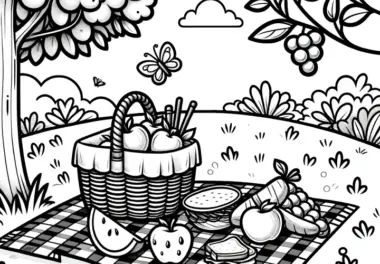Picknickdecke mit Leckereien im Park: Malvorlage zum Herunterladen (Kostenlos)