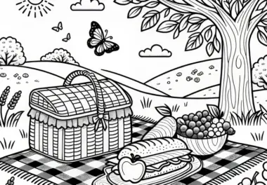 Picknick auf einer Decke in Sommerlandschaft: Ausmalbild kostenlos