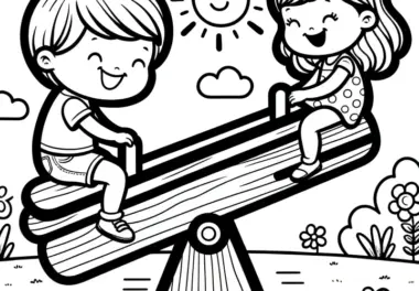 Lachende Kinder auf Wippe: Malvorlage zum Download (Gratis)