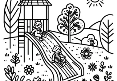 Kinder beim Rutschen auf Spielplatz: Ausmalbild zum Herunterladen (Gratis)