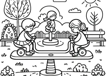 Zwei Mädchen auf Wippe auf dem Spielplatz: Malvorlage zum Herunterladen (Kostenlos)