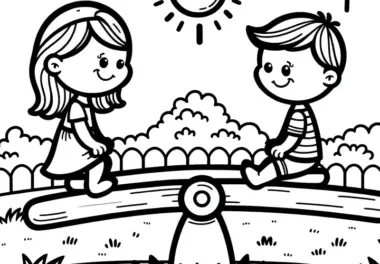 Mädchen und Junge beim Wippen auf dem Spielplatz: Malvorlage kostenlos zum Download