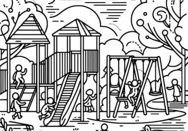 Spielplatz mit vielen Kindern: Einfache Malvorlage für Kinder (Gratis)
