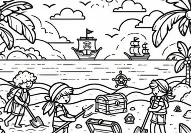 Kinder entdecken Piratenschatz am Strand: Ausmalbild (Gratis)
