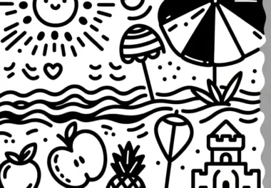 Einfache Strandmotive zum Ausmalen: Sonnenschirm und Sandburg (Gratis)