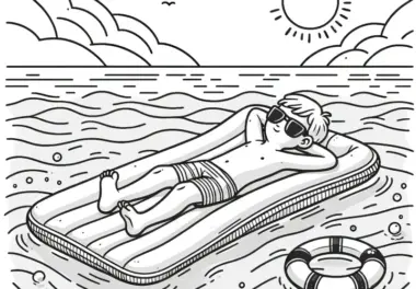 Junge auf Luftmatratze im Wasser: Ausmalbild zum Download (Gratis)