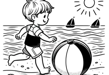Junge spielt mit einem Wasserball zwischen Muscheln am Strand: Malvorlage (Kostenlos)
