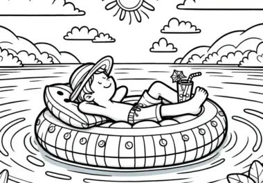 Kind auf Luftmatratze im Wasser: Malvorlage zum Download (Gratis)