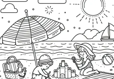 Kinder am Strand bauen eine Sandburg: Einfache Malvorlage zum Herunterladen (Gratis)