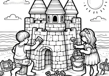 Kinder bauen riesige Sandburg: Dein grandioses Ausmalbild herunterladen (Gratis)