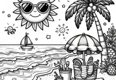 Palmenstrand mit cooler Sonne mit Sonnenbrille: Ausmalbild (Kostenlos)
