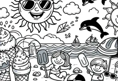 Sommerliches Ausmalbild am Strand mit Kindern, Eis und Wellen (Kostenlos)