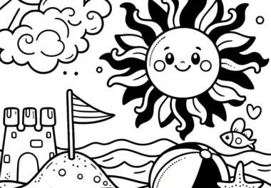 Sonne, Strand, Sandburg und Meer: Ausmalbild für Kinder (Kostenlos)