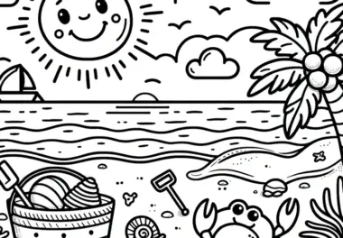 Strand, Krebs, Sonne und Palme: Malvorlage zum Herunterladen (Gratis)