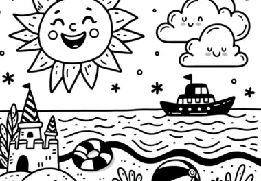 Ausmalbild: Lachende Sonne am Strand (Kostenlos)