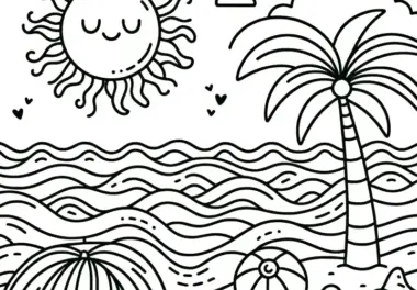 Strand, Palme und Sonne: Malvorlage für Kinder (Gratis)