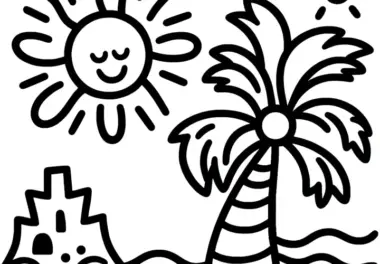 Strand, Palme, Sonne und Sandburg: Einfache Malvorlage zum Herunterladen (Gratis)