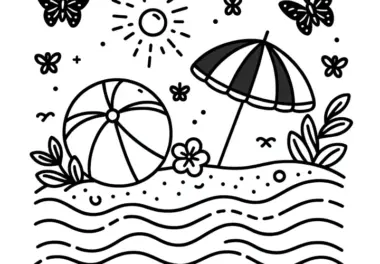 Strand, Wasserball und Schmetterlinge: Einfache Malvorlage zum Download (Kostenlos)