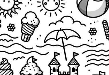Strandmotive mit Eis, Sonne, Wasserball, Sandburg: Einfache Malvorlage (Kostenlos)