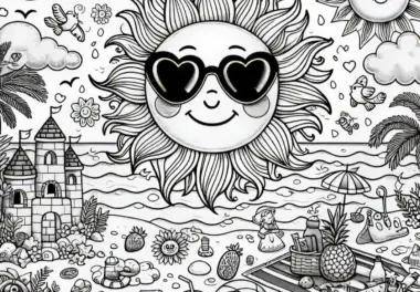Wimmelbild Strand: Sommerliche Malvorlage mit verliebter Sonne (Gratis)
