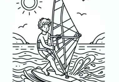 Junge beim Windsurfen: Ausmalbild zum Download (Gratis)