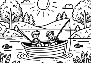 Zwei Jungen auf dem See beim Angeln: Malvorlage zum Herunterladen (Kostenlos)
