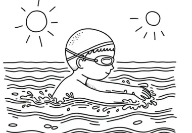 Kind beim Schwimmen: Malvorlage zum Herunterladen (Gratis)