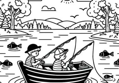 Zwei Kinder angeln Fische: Sommerliche Malvorlage zum Herunterladen (Gratis)