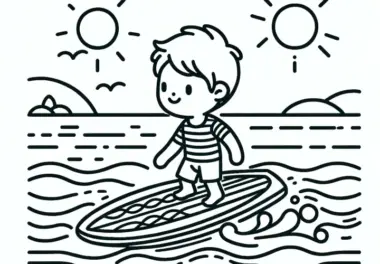 Kleines Kind auf Surfbrett: Einfache Malvorlage (Gratis)