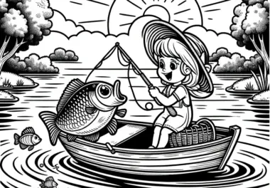 Mädchen angelt einen großen Fisch: Ausmalbild zum Herunterladen (Kostenlos)