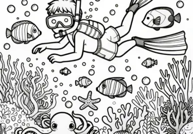 Schnorcheln mit Fischen, Krake und Korallen: Ausmalbild (Kostenlos)
