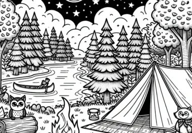Zelt am Fluss im Wald bei Nacht: Ausmalbild für kreativen Spaß (Gratis)