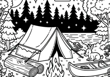 Camping mit Zelt, Lagerfeuer und Boot unterm Nachthimmel: Ausmalbild kostenlos