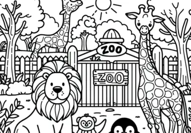 Löwe, Giraffen und Pinguin im Zoo: Niedliches Ausmalbild zum Download (Gratis)