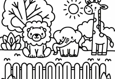 Freundliche Tiere im Zoo: Einfaches Ausmalbild für Kinder (Gratis)