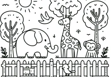 Einfaches Ausmalbild für Kinder: Zoo mit lustigen Tieren (Kostenlos)