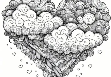 Romantische Wolke in Herzform: Ausmalbild zum Valentinstag  (Kostenlos)