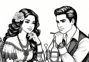 Paar am Tisch im Restaurant zum Valentinstag: Ausmalbild zum Download (Gratis)