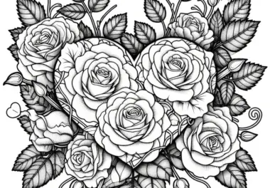 Herz verziert mit Rosen: Ausmalbild zum Valentinstag (Gratis)