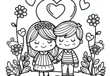 Verliebtes Paar unter einem Herz zum Valentinstag: Einfache Malvorlage für Kinder (Gratis)